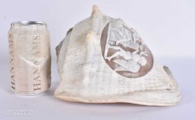 A LARGE 19TH CENTURY GRAND TOUR CARVED CAMEO CONCH SHELL depicting classical scenes. 22cm x 15 cm.