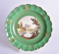 Royal Worcester plate painted with Ragland Castle by R. Rushton, signed, under a lime green and gilt