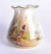 Royal Worcester vase with pie crust rim, painted with a pheasant c.1919. 8 cm x 8.5 cm