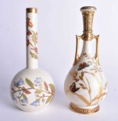 Royal Worcester two handled vase painted with butterflies flying amongst raised gold leaves in