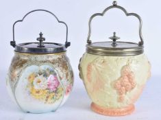 TWO ANTIQUE PORCELAIN BISCUIT BARRELS Doulton & Worcester. 23 cm high inc handle. (2)