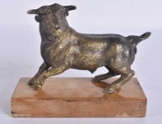 A 19TH CENTURY GRAND TOUR BRONZE MODEL OF A BULL upon a sienna marble base. 12 cm wide.