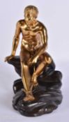A FINE 19TH CENTURY GRAND TOUR GILT BRONZE FIGURE OF THE SEATED MERCURY modelled upon a bronze rocky