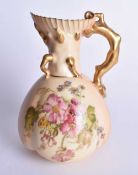 Royal Worcester coral handled jug painted with flowers on a blush ivory ground shape 1507, date