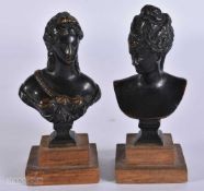 A PAIR OF 19TH CENTURY GRAND TOUR BRONZE PEDESTAL BUSTS. 9 cm high.