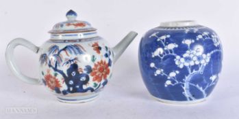 AN 18TH CENTURY CHINESE EXPORT IMARI PORCELAIN TEAPOT AND COVER Qianlong together with a blue and