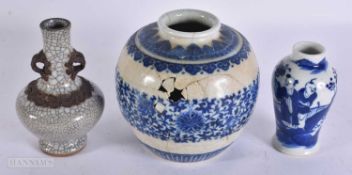 TWO 19TH CENTURY CHINESE PORCELAIN VASES together with a ginger jar. Largest 11 cm x 11 cm. (3)