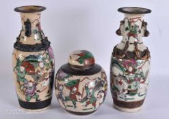A PAIR OF 19TH CENTURY CHINESE CRACKLE GLAZED VASES together with a similar ginger jar. Largest 25.5