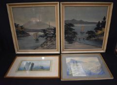 A framed landscape watercolour by Joan J Wright together with a framed religious print and two