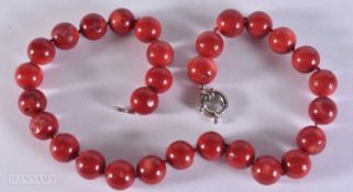A STRING BEAD CORAL NECKLACE. 111 grams. 47 cm.