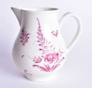 Worcester puce painted sparrow beak jug in Meissen style. 8.5 cm x 8.5 cm