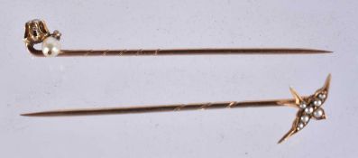 TWO ANTIQUE YELLOW METAL PINS. 1.9 grams. (2)