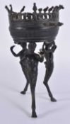 AN UNUSUAL 18TH/19TH CENTURY GRAND TOUR BRONZE VESSEL supported by three caryatid fawn bodies.