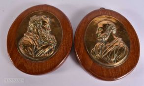 A PAIR OF 19TH CENTURY GRAND TOUR BRONZE PORTRAIT PLAQUES upon later oak wood plaques. 19 cm x 15