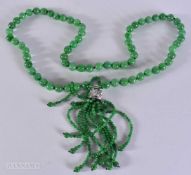 A 18CT WHITE GOLD DIAMOND CLASP JADE BEAD NECKLACE. 220 grams. 82 cm.