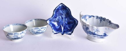 Worcester rare SAUCE BOAT painted with the Fringe Tree pattern, two Liverpool teabowls and a Bow