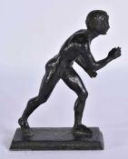 AN 18TH/19TH CENTURY GRAND TOUR BRONZE FIGURE OF AN ATHLETE modelled running. 13 cm high.