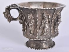 A CHINESE SILVERED BRONZE LIBATION CUP. 8.5 cm wide.
