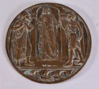 AN 18TH/19TH CENTURY EUROPEAN BRONZE PLAQUE formed with three figures and a lamb. 15.5 cm wide.