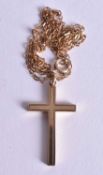 A 9CT GOLD CROSS NECKLACE. 3 grams. 44 cm long, pendant 3 cm x 1.75 cm.