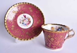 Early 19th Chamberlain Worcester gadroon border cup and saucer with elaborate handle painted with