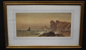 George Lennard Lewis, British (1826-1913), a framed watercolour of a coastal landscape. 23cm x 52cm,