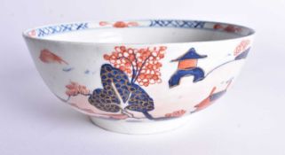 18th century Lowestoft bowl of Redgrave type painted with houses in landscape. 6.5 cm x 15 cm