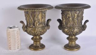 A LOVELY PAIR OF 18TH/19TH CENTURY GRAND TOUR BRONZE CAMPAGNA URNS decorated in relief with