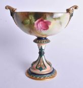 Royal Worcester fine Hadleyware two handled boat shaped vase on a pedestal with coloured clays,