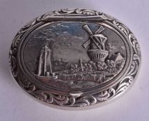 A Dutch Silver Snuff Box with an embossed Dutch Landscape on the lid. Dutch Marks. 5.1 cm x 3.5 cm x