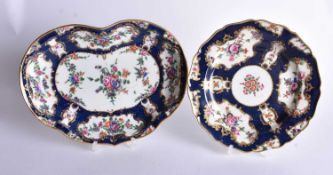 Worcester blue scale heart-shaped dish painted lavishly with flowers in gilt cartouches, fretted