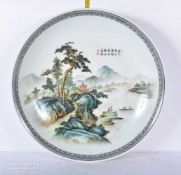A large Chinese porcelain Famille Verte dish decorated with Landscape and calligraphy 8 x 40cm