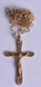 A 9CT GOLD CROSS NECKLACE. 3.8 grams. 54 cm long, pendant 3.75 cm x 2.5 cm.