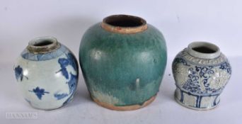 TWO CHINESE QING DYNASTY GINGER JARS together with a smaller jar. Largest 24 cm x 14 cm. (3)