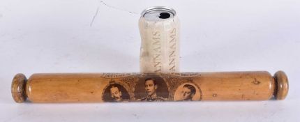 A RARE ROYAL MONARCHY INTEREST CORONATION WOOD ROLLING PIN commemorating the three Kings. 40cm