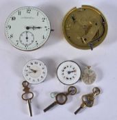 Five Watch Movements and Three Watch Keys. Not working. Largest 4.4cm diameter (8)