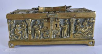 A 19TH CENTURY EUROPEAN BRONZE ECCLESIASTICAL BRONZE CASKET formed with saints and figures. 21 cm