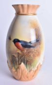 Royal Worcester vase painted with a bullfinch by C.V. White, signed, shape 1037G, date mark 1909.