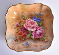 Royal Worcester square lobed dish painted with flowers by J. Freeman, signed, date mark 1935. 11.5