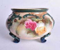Royal Worcester fine Hadleyware three footed vase with coloured clays, painted with pink and