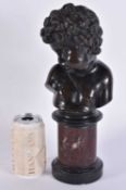 A LARGE 18TH/19TH CENTURY FRENCH BRONZE PUTTI BUST modelled upon a marble plinth. 33 cm high.
