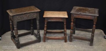 A collection of antique oak wooden stools 56 x 47 x 26cm (3)