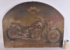 A CHARMING FOLK ART PAINTED WOOD HARLEY DAVIDSON MOTOR COMPANY. 80 cm x 58 cm.