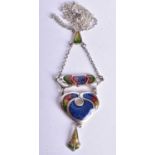 A SILVER AND ENAMEL NECKLACE. 13 grams. 46 cm long, pendant 8 cm x 3 cm.