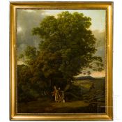 „Landschaft mit geflügeltem Genius, weiblicher Figur und Kind", Jacob Wilhelm Mechau (1745 Leipzig -