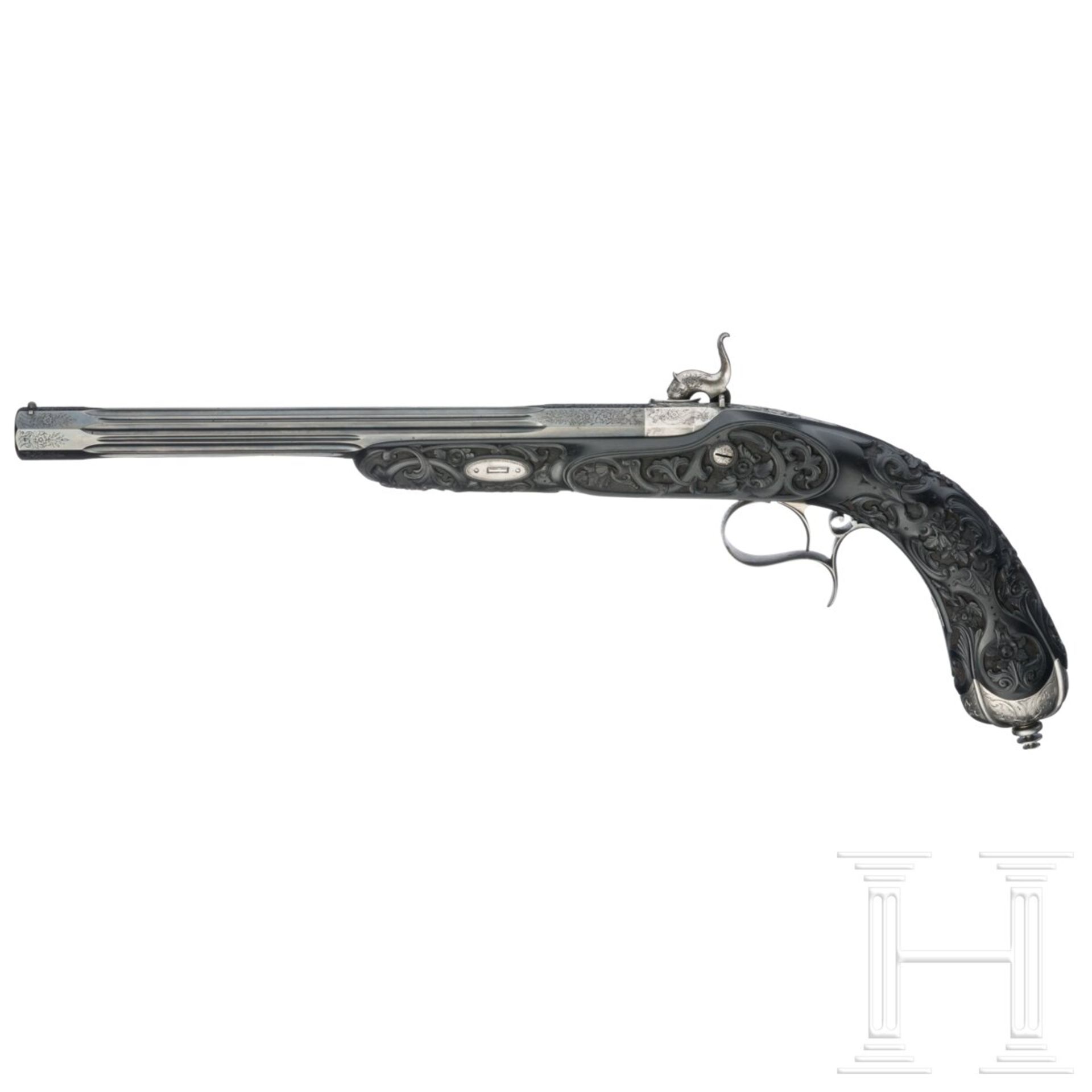 Ein hochwertiges Paar ebenholzgeschäfteter Perkussionspistolen im Kasten, Paris, um 1840/50 - Bild 7 aus 14