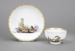Coffee cup with saucer, Meissen, 18th century, hemispherical shape with ear-shaped handles, fine
