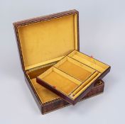 Large jewelry box, Italy, ca. 2000, wooden body covered in leather, gold embossing. Front with "
