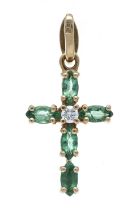 Emerald-Brilliant Cross Pendant RG 585/000 with 5 faceted emerald navettes 4.7 x 2.5 mm, green,