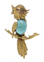 Motif brooch GG 750/000 in the shape of a singing songbird, set with an oval turquoise cabochon 12 x